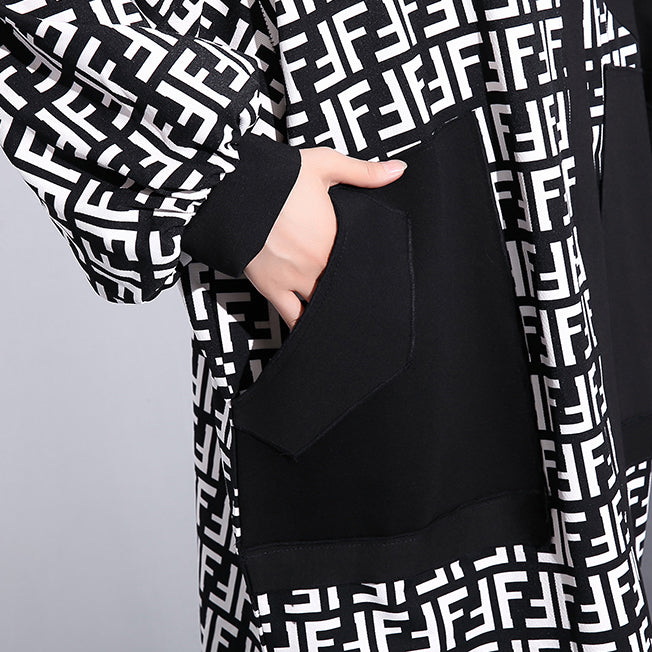 Fine black dress plus size Hooded patchwork long coat New long sleeve pockets asymmetrical design dresses