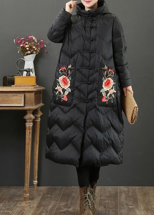 Fine black embroidery goose Down coat oversize down jacket hooded Fine Jackets - SooLinen