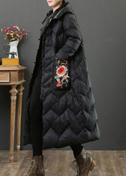 Fine black embroidery goose Down coat oversize down jacket hooded Fine Jackets - SooLinen
