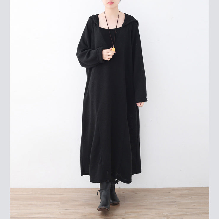 Fine black linen dress plussize V neck linen gown vintage hooded caftans