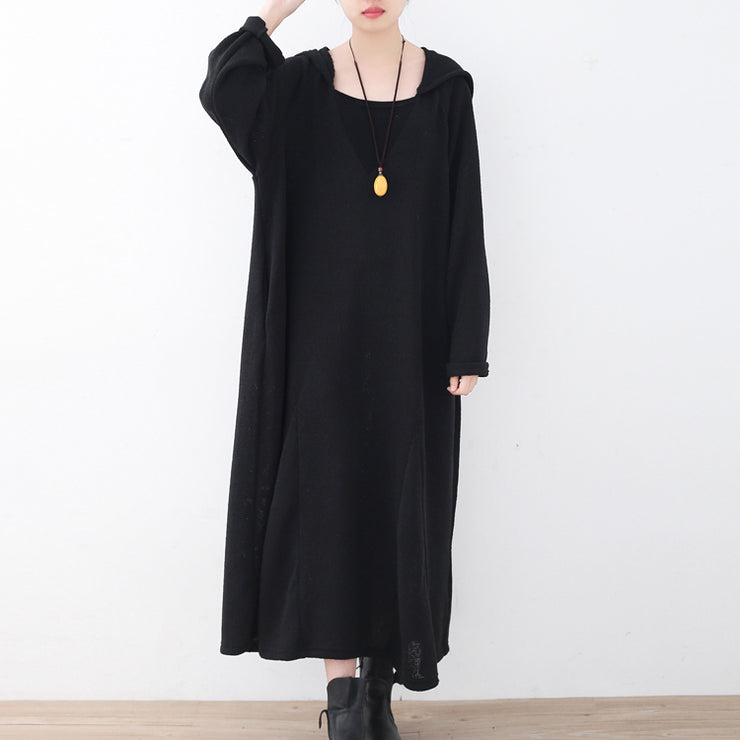 Feines schwarzes Leinenkleid Plussize V-Ausschnitt Leinenkleid Vintage Kaftane mit Kapuze