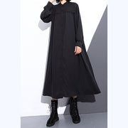 Feines schwarzes langes Kleid aus Seiden-Baumwoll-Mischgewebe, übergroßes Reisekleid mit Stehkragen, Vintage-Taschen, Cinched-Kleider