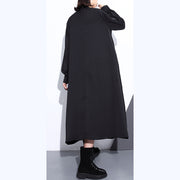 Fine black long silk cotton blended dress oversized stand collar traveling dress vintage pockets Cinched dresses