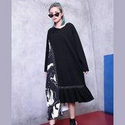 Feines schwarzes, natürliches Kleid in Übergröße, Patchwork, asymmetrisches Design, elegante Baggy-Kleider mit V-Ausschnitt