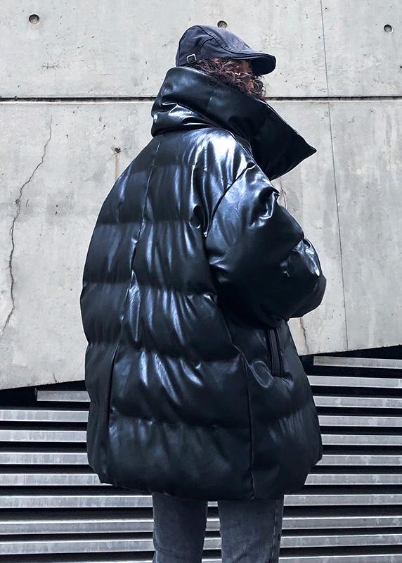 Fine black outwear plus size down jacket high neck zippered overcoat - SooLinen