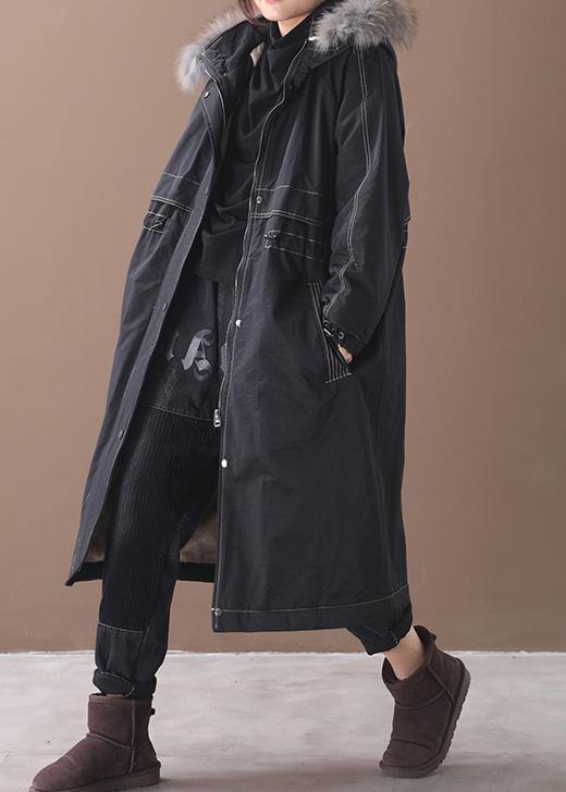 Fine black overcoat plus size snow jackets hooded true fur collar outwear - SooLinen