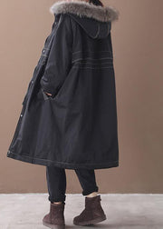 Fine black overcoat plus size snow jackets hooded true fur collar outwear - SooLinen