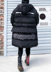 Fine black print Parkas for women Loose fitting winter jacket hooded patchwork overcoat - SooLinen