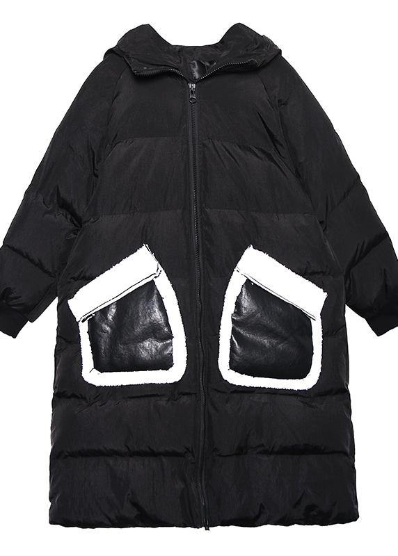 Fine black print Parkas for women Loose fitting winter jacket hooded patchwork overcoat - SooLinen