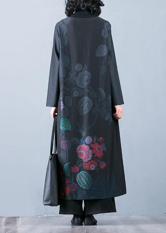 Fine black prints overcoat trendy plus size long jackets fall trench coats Chinese Button - SooLinen