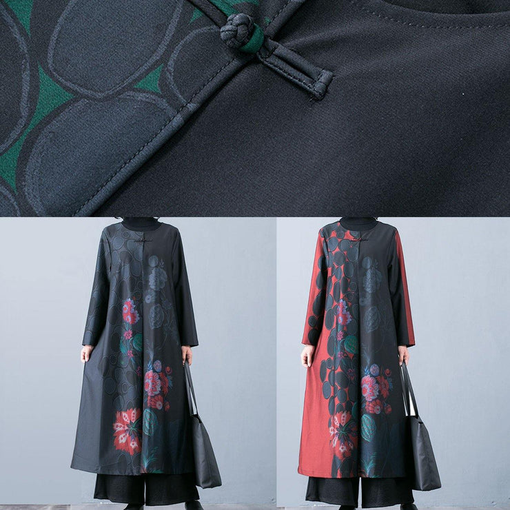 Fine black prints overcoat trendy plus size long jackets fall trench coats Chinese Button - SooLinen