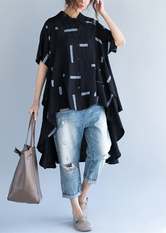 Feine schwarze Bluse aus reiner Baumwolle Oversize-Reisebluse Feine Kurzarm-Baumwollblusen mit niedrigem, hohem Design