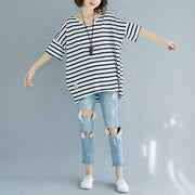 Fine black pure cotton tops plus size clothing blouses Elegant striped v neck cotton clothing tops