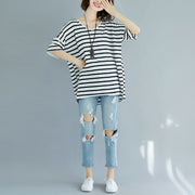 Fine black pure cotton tops plus size clothing blouses Elegant striped v neck cotton clothing tops