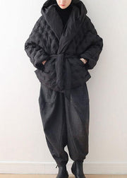 Fine black shortgoose Down coat oversize hooded womens parka tie waistWarm Jackets - SooLinen