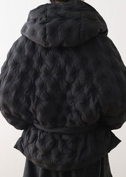 Fine black shortgoose Down coat oversize hooded womens parka tie waistWarm Jackets - SooLinen