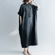 Fine black silk linen dresses oversize Stand baggy dresses caftans casual short sleeve patchwork gown