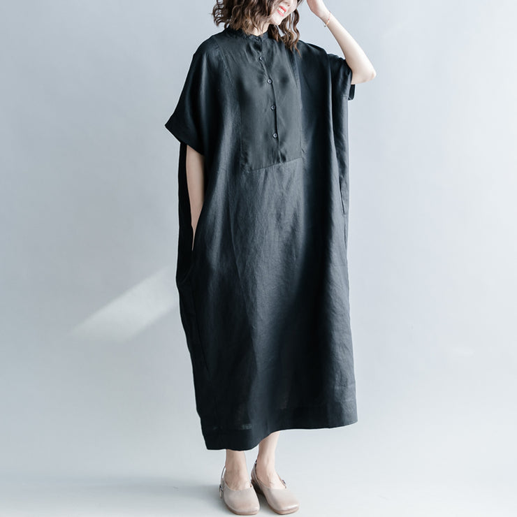 Fine black silk linen dresses oversize Stand baggy dresses caftans ...