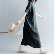 Feine schwarze Seiden-Leinen-Kleider in Übergröße Stand Baggy-Kleider Kaftane lässiges Kurzarm-Patchwork-Kleid