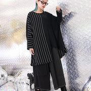 Feine schwarze gestreifte Bluse übergroße O-Ausschnitt lässige asymmetrische Design-Tops