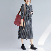Fine black striped natural cotton linen shirt dress plus size Turn-down Collar side open Fine long sleeve pockets maxi shirt dresses