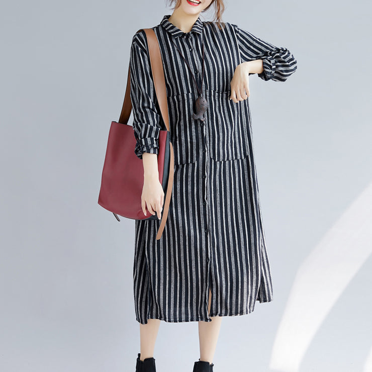 Fine black striped natural cotton linen shirt dress plus size Turn-down Collar side open Fine long sleeve pockets maxi shirt dresses