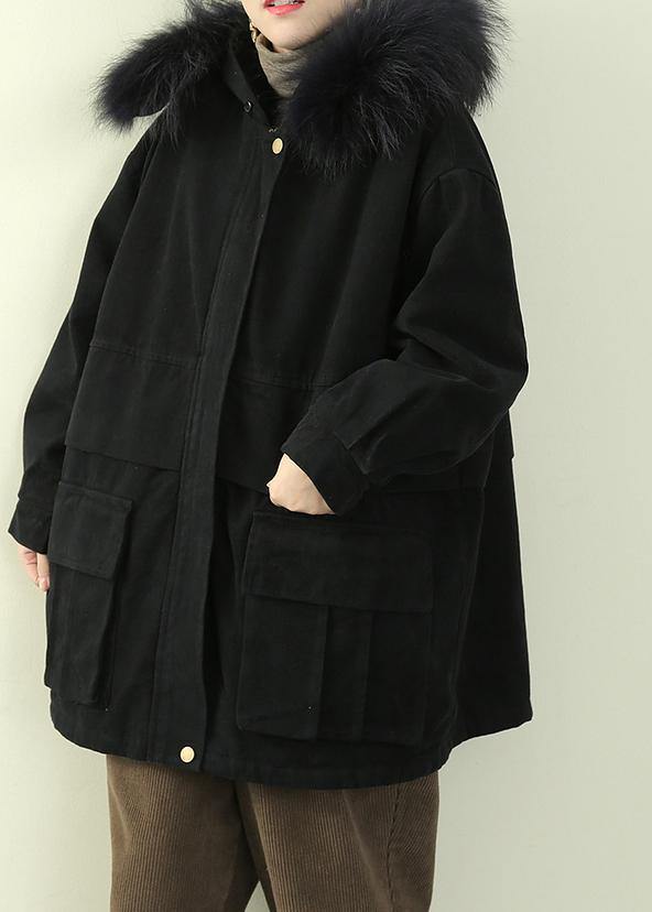Fine black thick overcoat plus size down jacket faux fur collar winter coats - SooLinen