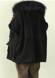 Fine black thick overcoat plus size down jacket faux fur collar winter coats - SooLinen