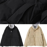Fine black winter outwear Loose fitting Jackets stand collar patchwork outwear - SooLinen