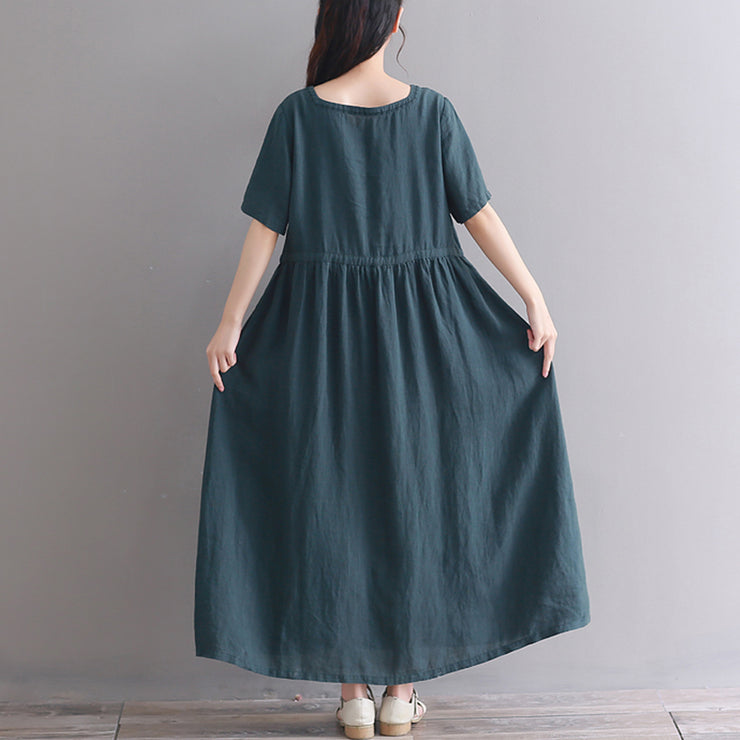 Fine blackish green long linen dresses oversize Square Collar short sleeve linen gown vintage Extra large hem caftans