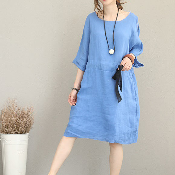 Fine blue Midi-length linen dress oversize linen clothing dress fine waist drawstring bracelet sleeved knee dresses