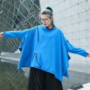 Feiner blauer Midi-Pullover lässige Stehkragenoberteile lässige Fledermausärmel asymmetrisches Design Kleidungsoberteile