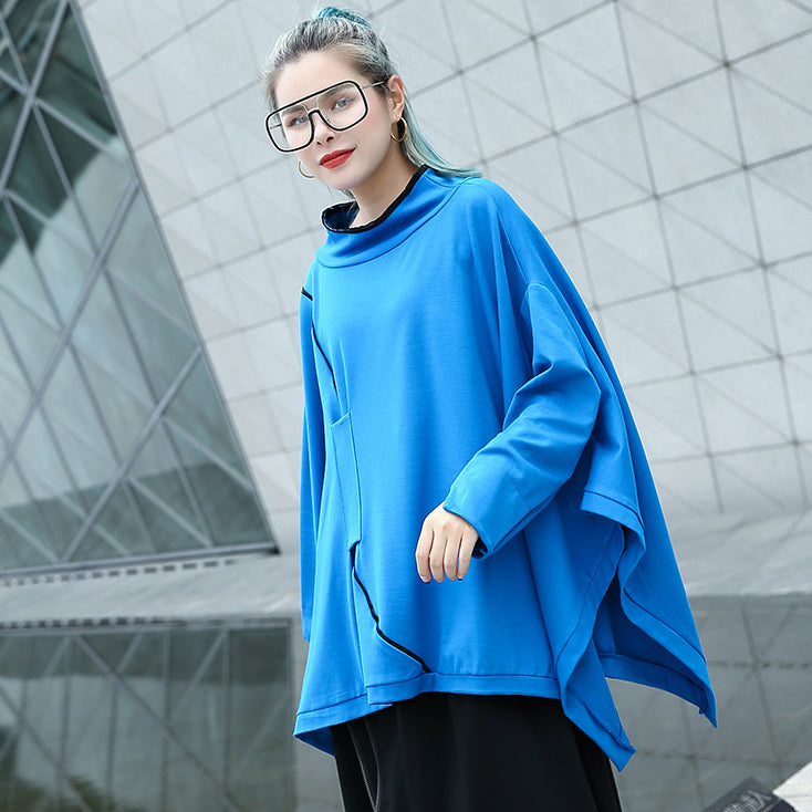 Feiner blauer Midi-Pullover lässige Stehkragenoberteile lässige Fledermausärmel asymmetrisches Design Kleidungsoberteile