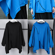 Fine blue Midi pullover casual stand collar tops casual Batwing Sleeve asymmetrical design clothing tops