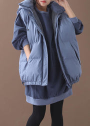 Fine blue casual outfit plus size clothing hooded sleeveless winter outwear - SooLinen