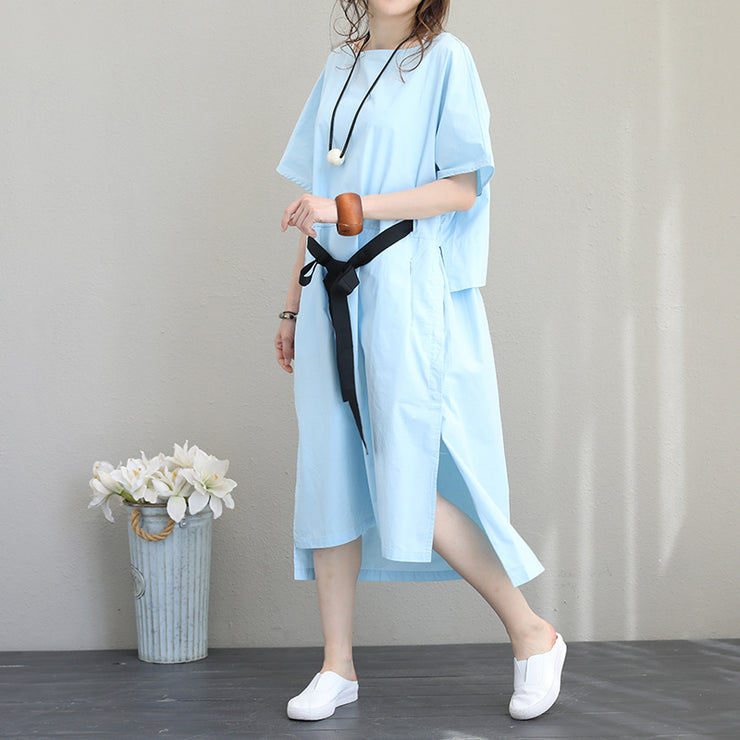 Feines blaues Leinenkleid plus Größenkleidung Leinenkleidungskleid Boutique seitlich offenes Leinen-Baumwollkleid mit Bindegürtel