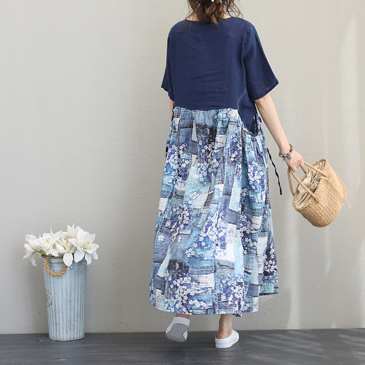 Fine blue linen dresses oversized patchwork floral caftans vintage short sleeve kaftans
