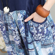 Feine blaue Leinenkleider, übergroße Patchwork-Kaftane mit Blumenmuster, Vintage-Kurzarm-Kaftane