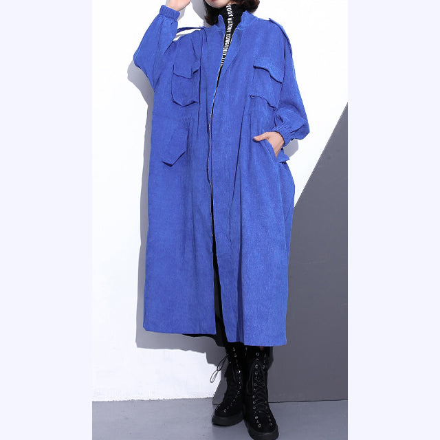 Fine blue long coat plus size Stand zippered trench coat boutique long sleeve pockets baggy long coats