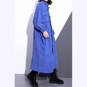 Feiner blauer langer Mantel plus Größe Stand Trenchcoat mit Reißverschluss Boutique Langarmtaschen Baggy Long Coats