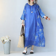 Feine blaue Drucke, langes Leinenkleid, trendiges V-Ausschnitt-Kleid in Übergröße, Kaftane mit feinen Armbandärmeln