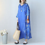 Fine blue prints long linen dress trendy plus size v neck gown Fine bracelet sleeved kaftans