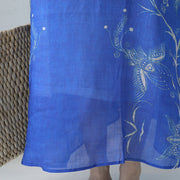 Fine blue prints long linen dress trendy plus size v neck gown Fine bracelet sleeved kaftans