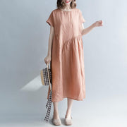 Feine braune lange Leinenkleider plus Größenkleidung Patchwork-Kleid mit O-Ausschnitt Elegante Kurzarm-Baggy-Kleider