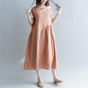 Fine brown long linen dresses plus size clothing o neck patchwork gown Elegant short sleeve baggy dresses