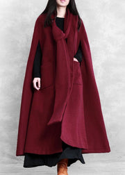 Fine burgundy Woolen Coat Women oversize Winter coat Batwing Sleeve large hem - SooLinen