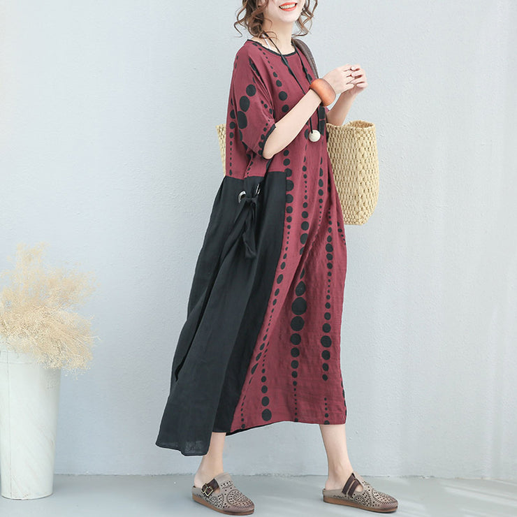 Fine burgundy linen caftans plus size dotted linen clothing dress 2018 patchwork linen caftans