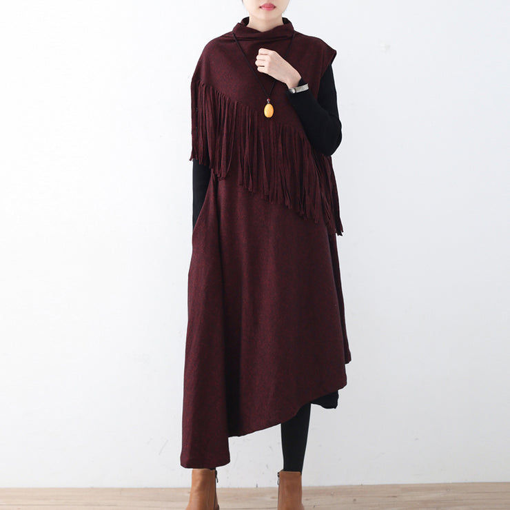Feine weinrote, lange, trendige Herbstkleider aus Wolle in Übergröße mit Quasten Elegantes Winterkleid mit asymmetrischem Saum