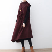 Fine burgundy long woolen trendy plus size tassel fall dresses Elegant asymmetric hem winter dress