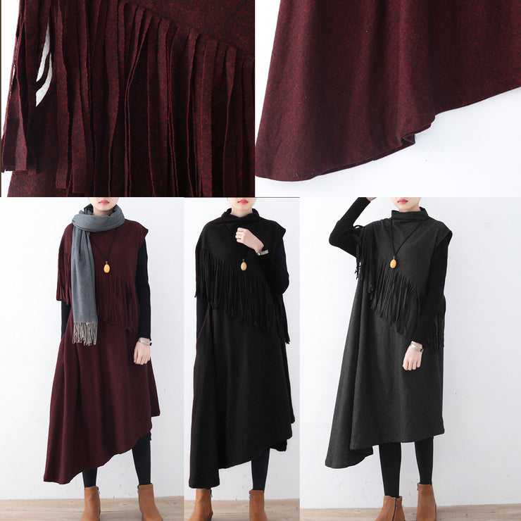 Fine burgundy long woolen trendy plus size tassel fall dresses Elegant asymmetric hem winter dress